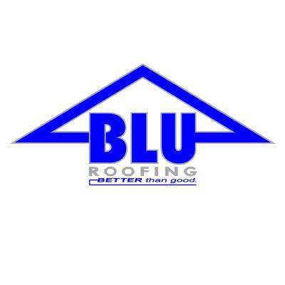 Blu Roofing Logo Blue Roof over the text B-L-U